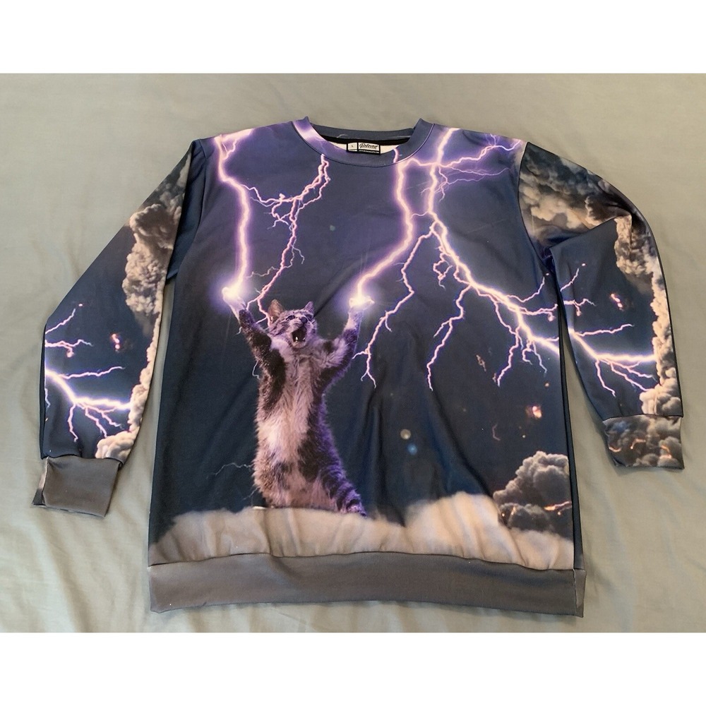 Beloved Cat/Lightening Allover Print Graffic Sweatshirt‎ Men's Large 2 Sided